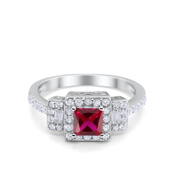 Halo Wedding Engagement Ring Round Baguette Simulated Ruby CZ 925 Sterling Silver